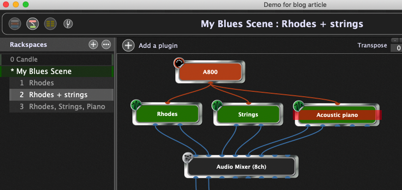 Rackspace with three variations in it Gig Performer Rackspace, with three plugins (Electric piano, strings, acoustic piano) all playable from a single MIDI keyboard controller.