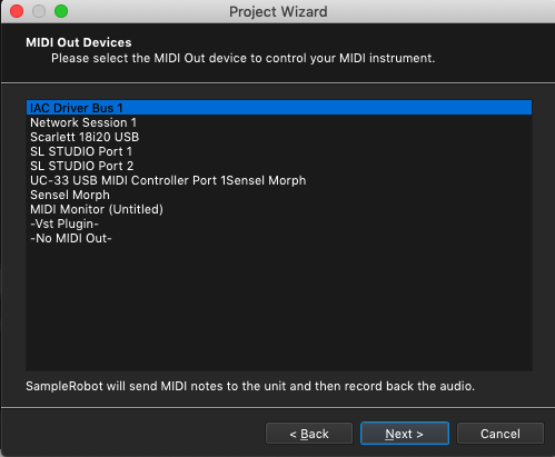 Select IAC Driver Bus 1 Kontakt plugin, SampleRobot Project Wizard, MIDI Out device