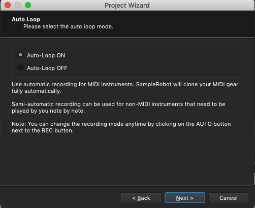 Select Auto-Loop ON Kontakt plugin, SampleRobot Project Wizard, Auto Loop mode