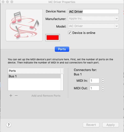 Rename IAC Bus 1 to Bus 1 Built-in IAC Driver in Mac, IAC Driver Properties