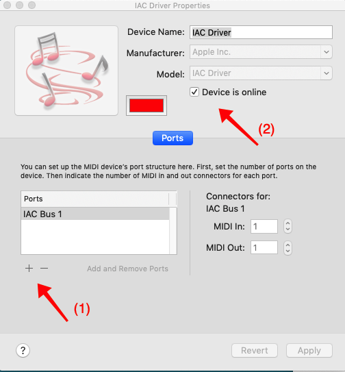 Double-click on the IAC Driver icon Mac, IAC Driver Properties dialog