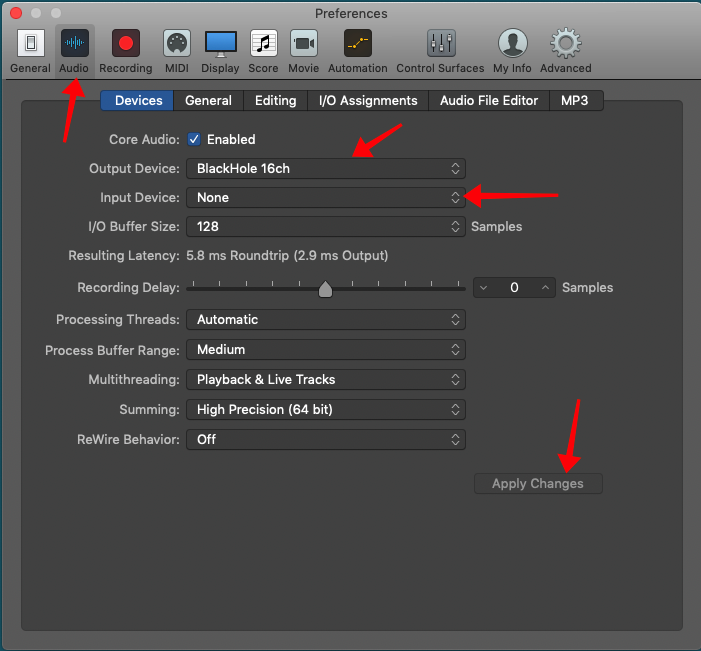 Click Apply changes and then close the Preferences window Logic Pro X Preferences, Audio, Devices