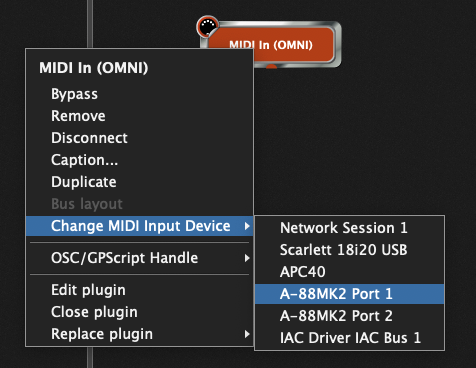 Change MIDI Input Device Gig Performer, Change MIDI In (OMNI) Input Device, use A-88MK2 Port 1