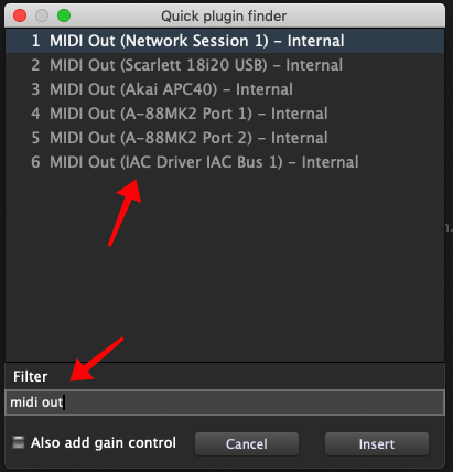 Select the IAC driver Quick Plugin Finder, route MIDI events from the keyboard to the soft synth on Track 1 in Logic