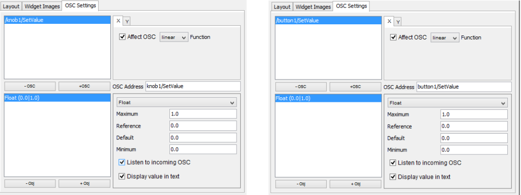 OSC settings, knob1 and button1 OSCAR, OSC settings, knob1 and button1