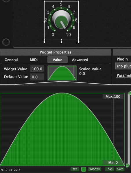 Max and Min limits are set See changes in widget value vs scaled value, when max and min are set, widget curve scaling system, Gig Performer 4