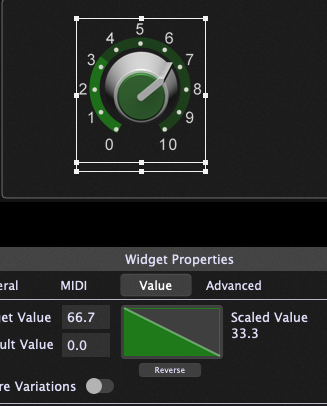 Triangle is reversed The reverse operation on the knob, widget scaling curves, Gig Performer 4