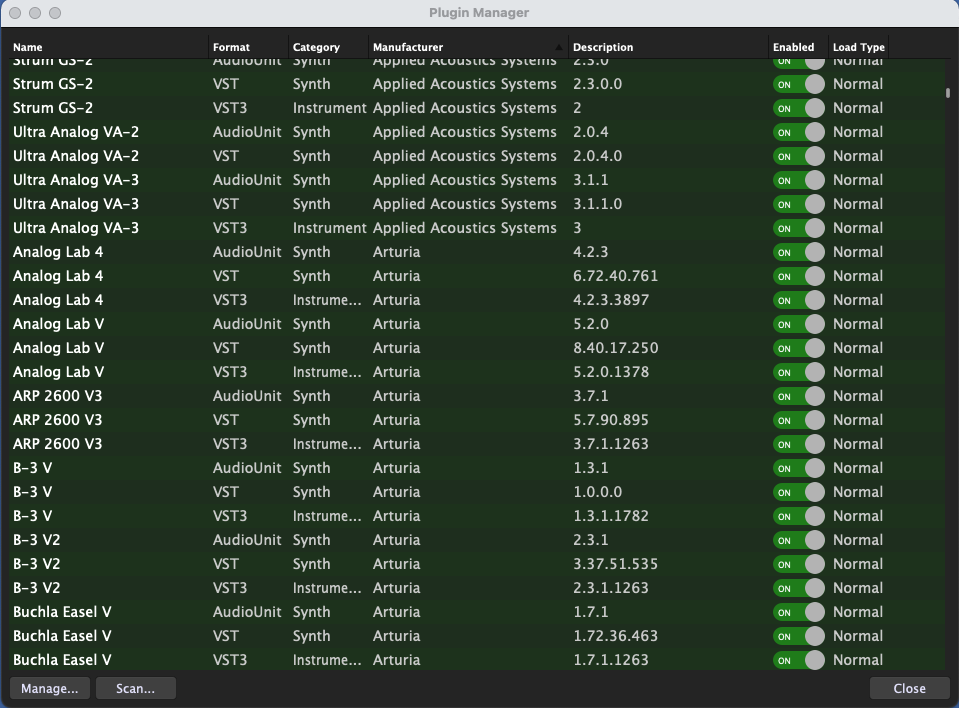 Click on the Manufacturer column header AudioUnit plugins (AU plugins), VST and VST3 plugins arranged by the Manufacturers name in Gig Performer 4