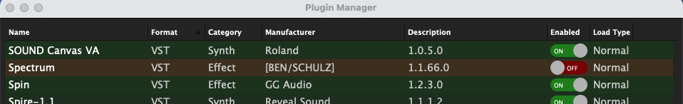Click on the toggle button to enable/disable a plugin Plugin Manager with AU, VST3 and VST plugins in Gig Performer 4, audio plugin host for live performance