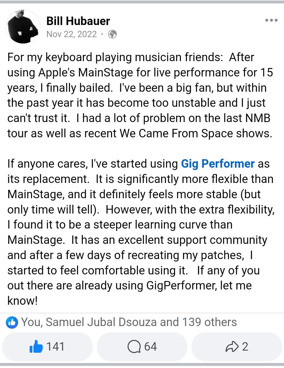 A testimonial from Bill Hubauer.